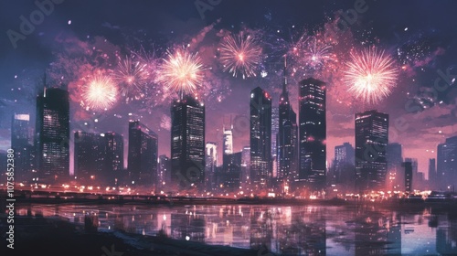 High-rise buildings of a metropolis lit up with fireworks in the background,