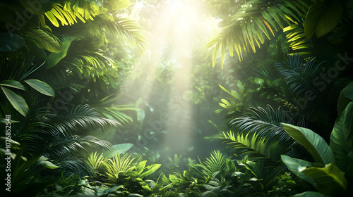 Sunrays Through Lush Tropical Rainforest, jungle, greenery, leaves, foliage, palm trees