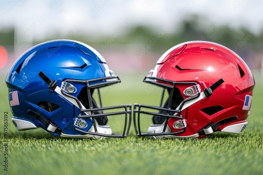 Two football helmets, one blue and one red, are on a field Two football helmets, one blue and one red, are on a field