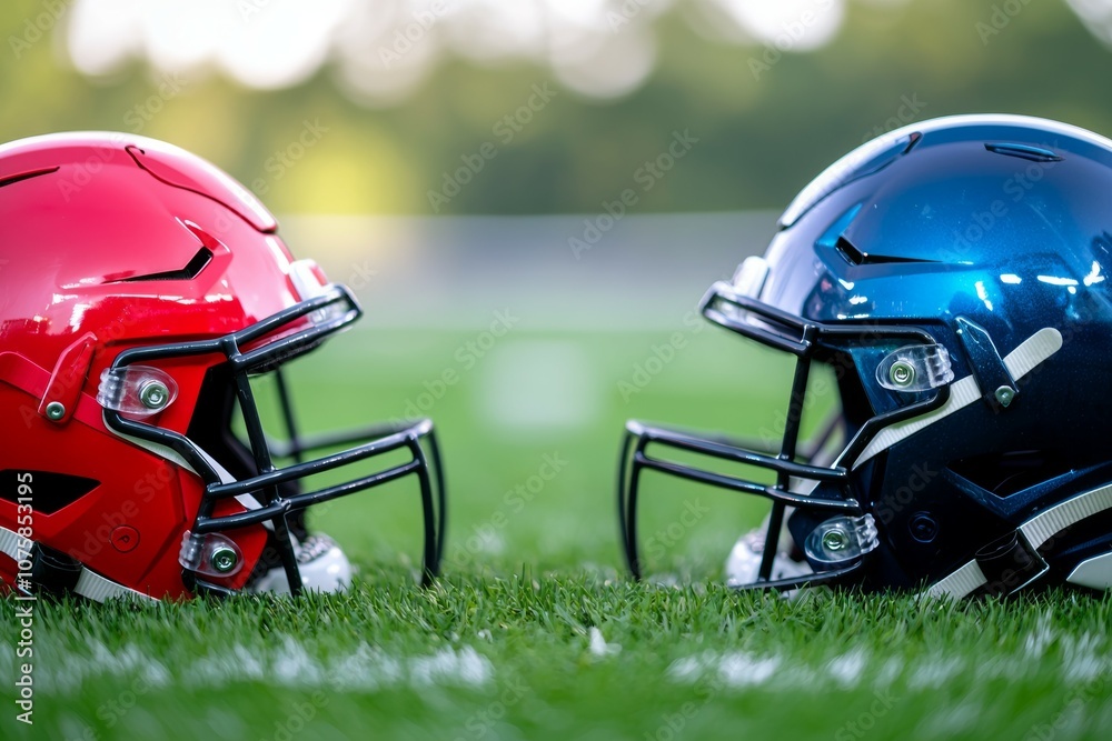 Two football helmets are on the grass, one red and one blue Two football helmets are on the grass, one red and one blue