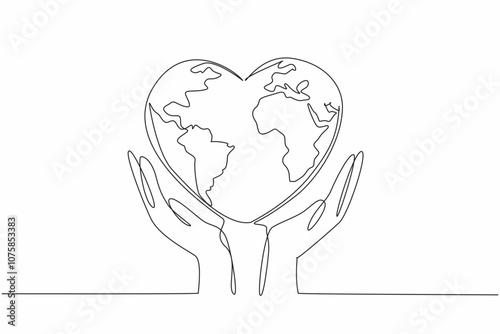 Continuous one line drawing two hands cradle heart-shaped earth. Humanity's responsibility to care for and protect our planet. Random Acts of Kindness Day. Single line draw design vector illustration