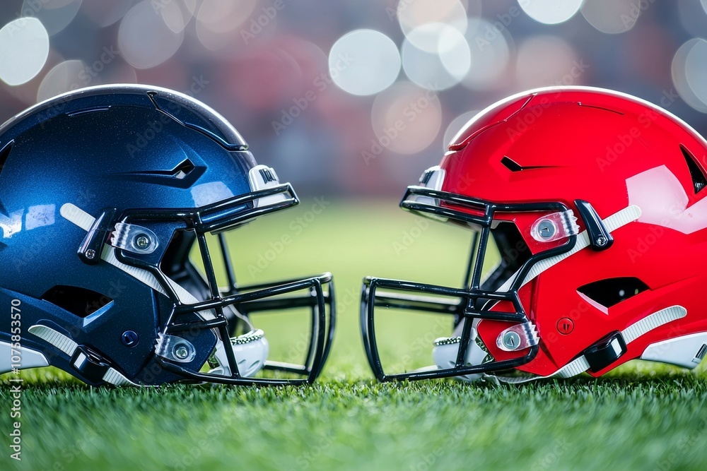 Two football helmets are on the field, one blue and one red Two football helmets are on the field, one blue and one red