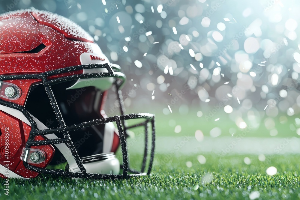 A football helmet is sitting on a field covered in snow A football helmet is sitting on a field covered in snow