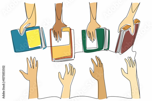 Single continuous line drawing multiple hands holding books. Shared learning experience. Expanding thinking horizons. Discussion. International Book Giving Day. One line design vector illustration