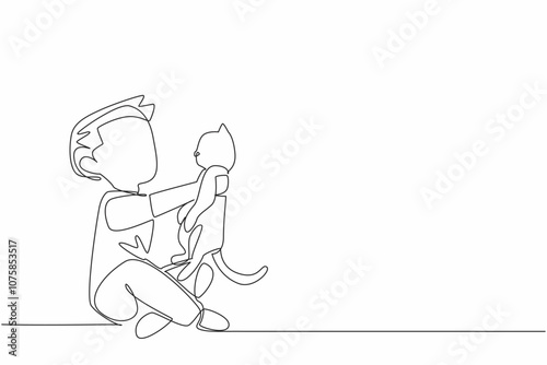 Continuous one line drawing a young boy joyfully holding his cat up in the air. Playful. Affectionate. Joy. Companionship. National Love Your Pet Day. Single line draw design vector illustration