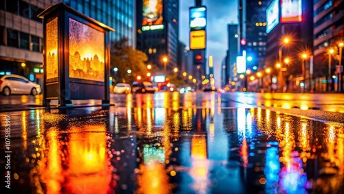 A Vibrant Urban Scene with a Glowing Billboard Illuminating a Rainy Street at Twilight, Showcasing the Warmth of Orange Hues in a Moody Cityscape photo