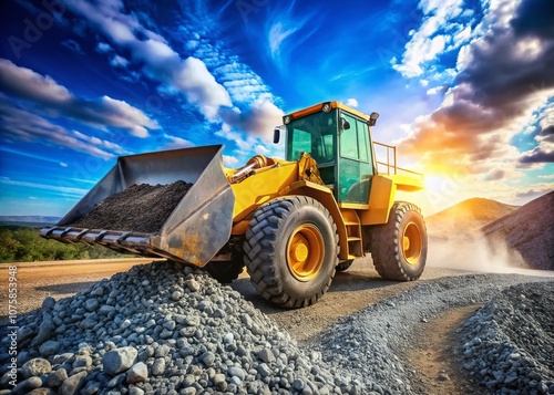 A wheel loader in action, skillfully picking up gravel into its bucket on a construction site, showcasing heavy machinery and industrial work, with dirt and gravel flying in the air.