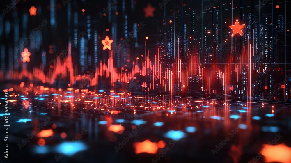 Obraz premium Futuristic digital soundwave visualization with glowing red graph elements, representing data analysis and technology trends in a modern, abstract style.