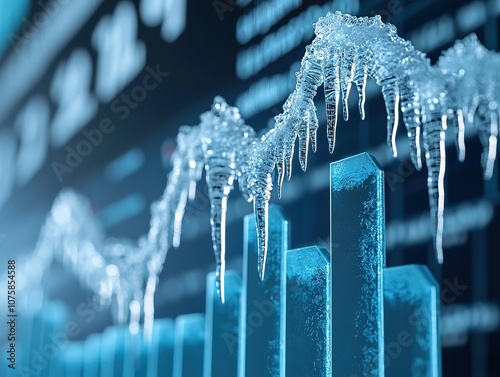 Frost-covered ice graph bars symbolize economic chill or downturn amid a digital business environment, merging finance and nature in a striking visual metaphor.