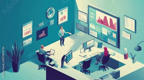 Isometric office scene with analysts tracking financial dashboards