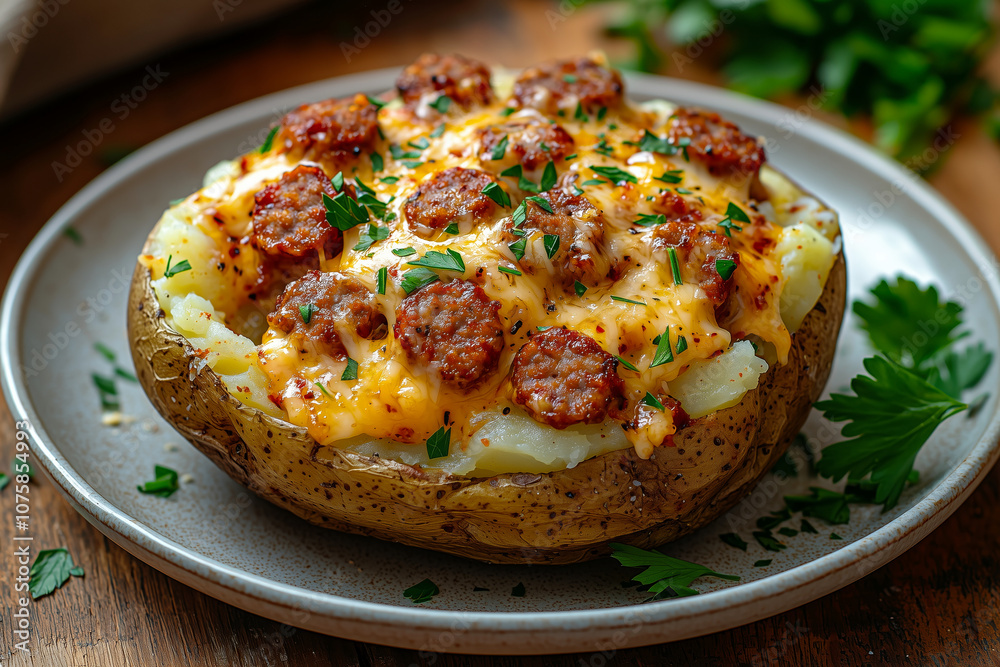 Top view of baked potato with spicy sausage and cheddar Top view of baked potato with spicy sausage and cheddar