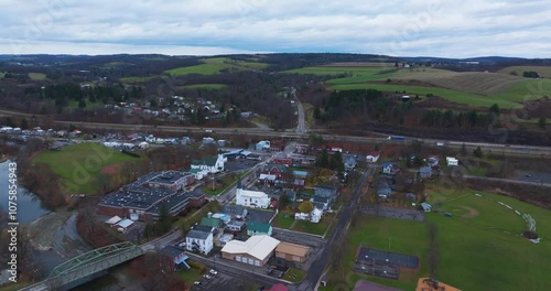 Aerial video over Marathon, NY on a cloudy, overcast fall afternoon, November 11, 2024.	