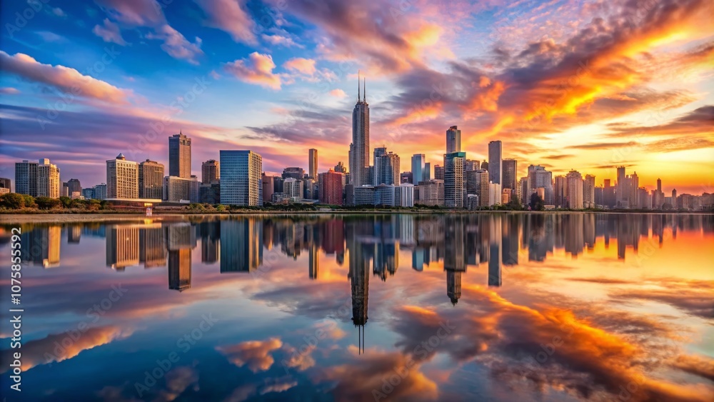 Fototapeta premium Breathtaking Panoramic View of Chicago Skyline Showcasing Iconic Architecture Against a Vibrant Sunset Sky, Perfect for Cityscape Lovers and Urban Photography Enthusiasts
