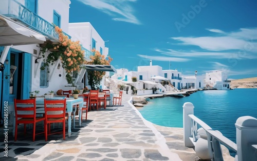 Scenic waterfront with white buildings, vibrant flowers, and colorful chairs by the sea.