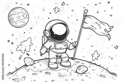 A cartoon astronaut proudly holds a flag on a celestial body, surrounded by stars and planets, showcasing a whimsical space adventure. photo