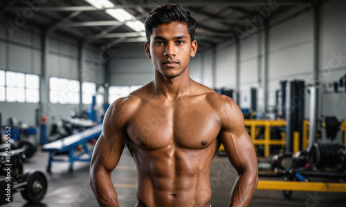 A muscular man poses in a gym, showcasing his physique after a challenging workout