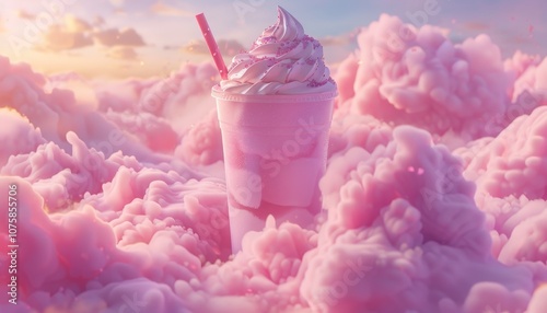A pink milkshake with whipped cream and a red straw sits in a field of pink clouds against a pastel sky.