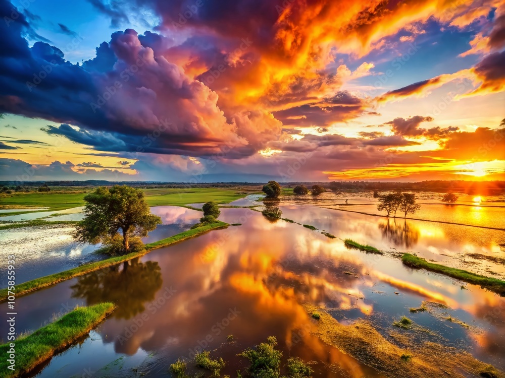 Breathtaking Sunset Over Flooded Fields and Meadows After a Storm, Capturing Nature's Resilience in a Striking Documentary Photography Style Breathtaking Sunset Over Flooded Fields and Meadows After a Storm, Capturing Nature's Resilience in a Striking Documentary Photography Style