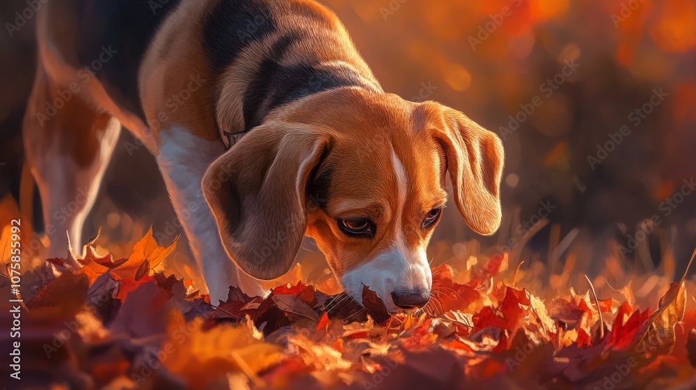 Beagle Dog Sniffing Autumn Leaves in Golden Light Beagle Dog Sniffing Autumn Leaves in Golden Light