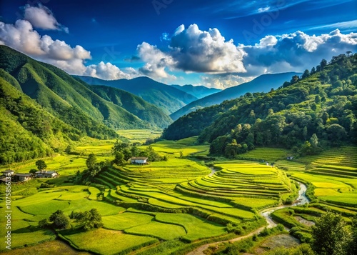 Breathtaking Ziro Valley in Arunachal Pradesh: A Stunning Portrayal of Rolling Hills and Lush Green Valleys Under a Clear Blue Sky Capturing Nature's Serenity