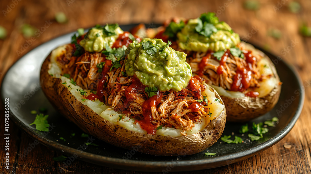 Top view of jacket potato with spicy pulled chicken and guacamole