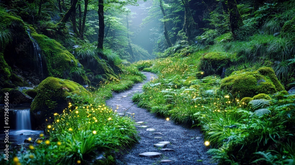 Obraz premium Enchanted Pathway Through Lush Green Forest with Glowing Fireflies Under Soft Misty Light and Tranquil Flowing Stream in Background