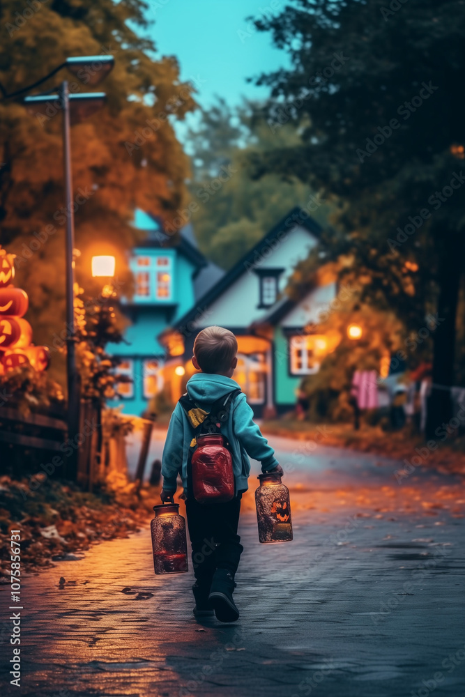 Fototapeta premium A kid in town on Halloween with pumpkin