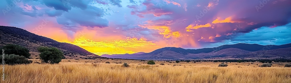 Fototapeta premium Stunning Landscape at Dusk with Vibrant Sky Colors Displayed over Rolling Hills and Lush Fields in a Serene Natural Setting During Sunset