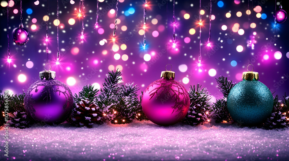 Christmas Ornaments with Fairy Lights and Snow, baubles, decorations, festive, holiday, winter Christmas Ornaments with Fairy Lights and Snow, baubles, decorations, festive, holiday, winter