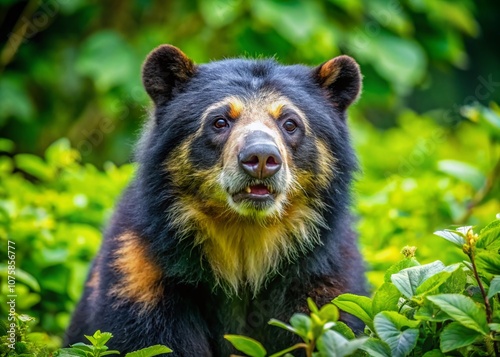 Candid Photography of the Spectacled Bear (Ursus thibetanus) in Its Natural Habitat, Showcasing Its Unique Features and Behavior in a Lush, Green Environment photo