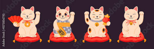 Fortune cats. Cute traditional Japanese lucky cats, asian maneki neko fortune cat toys flat vector illustration set. Cartoon maneki neko on pillows