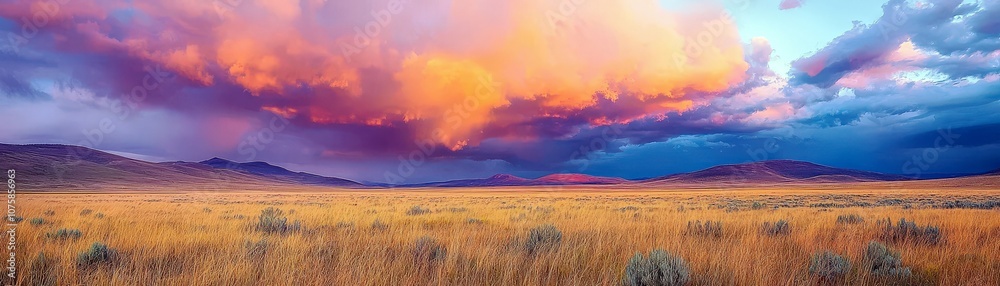 Majestic Sunset Over Vast Prairie Landscape with Dramatic Cloud Formation and Vibrant Color Palette in Desert Environment Majestic Sunset Over Vast Prairie Landscape with Dramatic Cloud Formation and Vibrant Color Palette in Desert Environment