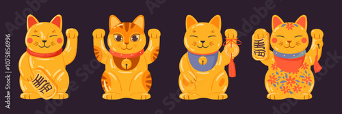Japanese fortune cats. Asian golden maneki neko fortune cat toys, cute traditional lucky cats flat vector illustration set. Cartoon gold maneki neko