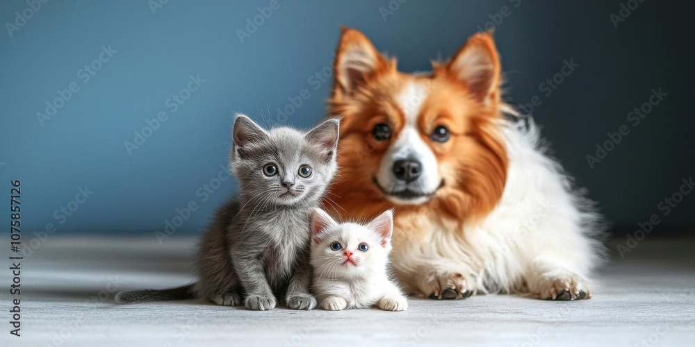 A small gray kitten sits in front of a fluffy white dog on a blue background. , isolated on white background, , copy space, copy space for text, A small gray kitten sits in front of a fluffy white dog on a blue background. , isolated on white background, , copy space, copy space for text,
