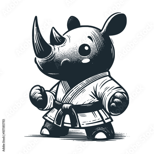 Rhino wearing karate uniform in horse stance. Black white vector illustration.