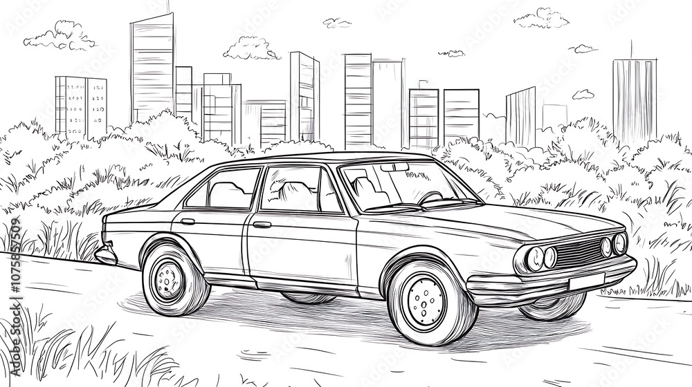 A sketch of a classic car parked on a road with a city skyline in the background. A sketch of a classic car parked on a road with a city skyline in the background.