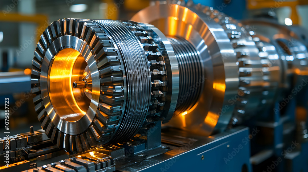 Closeup of a Complex Industrial Machine Component, industrial machinery, manufacturing, metal, steel, gears Closeup of a Complex Industrial Machine Component, industrial machinery, manufacturing, metal, steel, gears