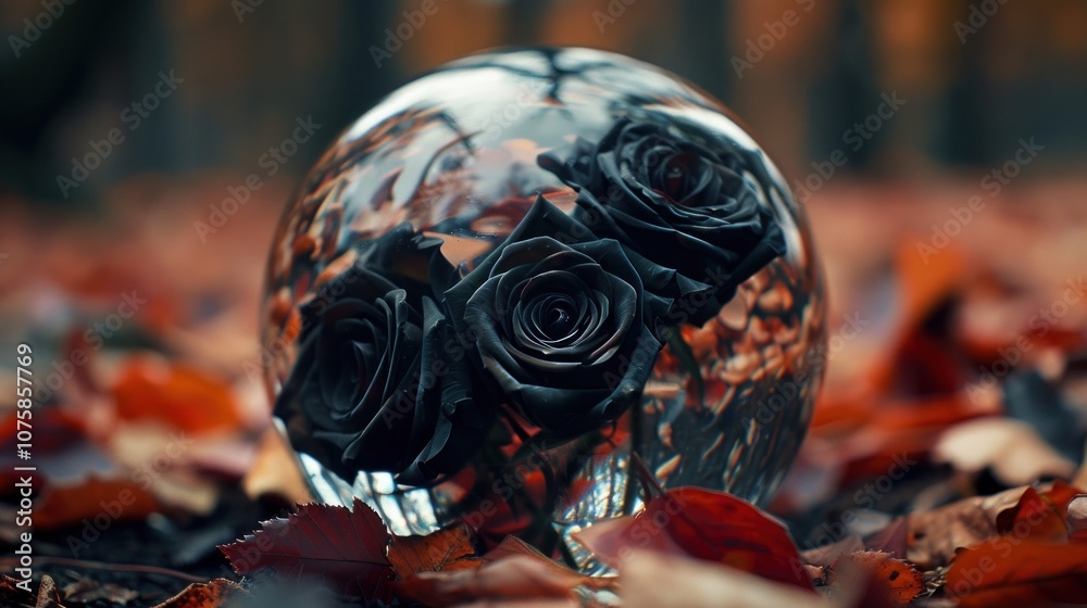 Fototapeta premium Beautiful glass ball with burning black Rose, AI generated image