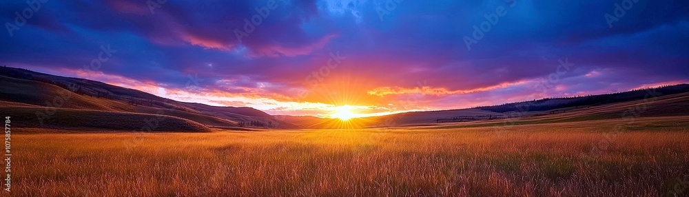 Fototapeta premium Breathtaking Sunset Over Golden Field with Colorful Sky Illuminated by Vibrant Hues of Orange, Pink, and Purple Casting a Serene Atmosphere at Dusk