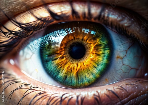 Captivating Close-Up of an Eye with Intricate Details and Vibrant Colors, Showcasing the Beauty of the Iris and Reflection in High Depth of Field