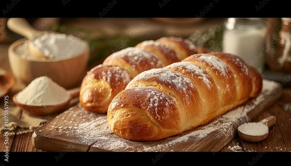 Two freshly baked loaves of bread on a wooden board with flour, milk, and a rustic background.