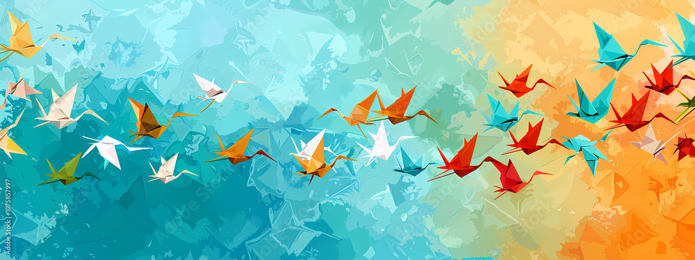 Fototapeta premium A vibrant array of origami cranes in various colors, gracefully flying across a vivid gradient background of blue to orange hues.