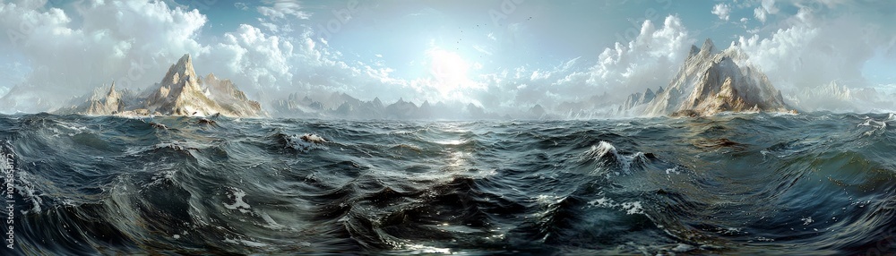 Fototapeta premium Majestic Ocean Landscape with Dramatic Clouds and Towering Mountains Under Bright Sunlight in a Vast Horizon View