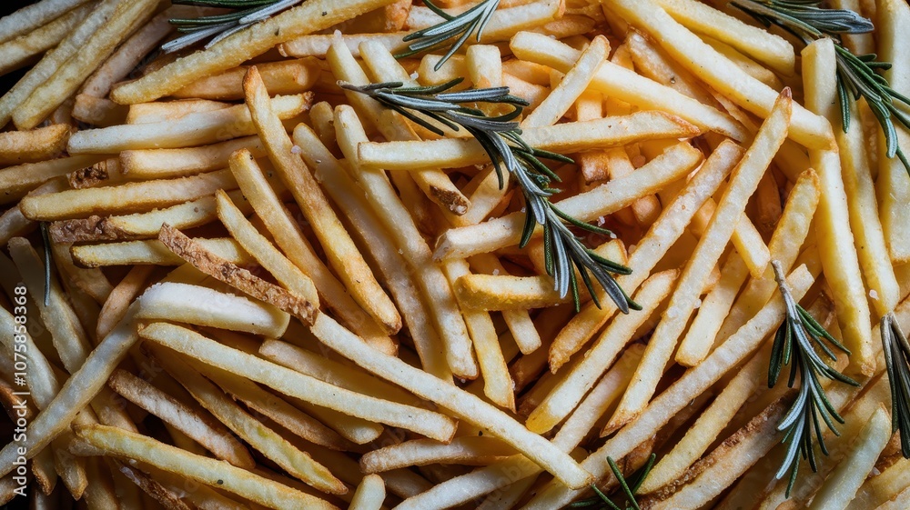Overhead View of Golden-Brown Seasoned French Fries with Herbs Overhead View of Golden-Brown Seasoned French Fries with Herbs
