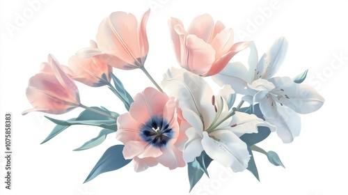 Pastel spring flower arrangement, featuring soft-colored tulips