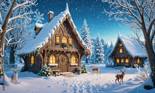 Wallpaper Mural A cozy wooden cabin sits nestled in a snowy forest under a starry night sky Torontodigital.ca