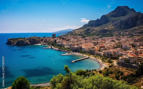 Scenic coastal view with mountains  a town  and a serene blue sea under a clear sky.