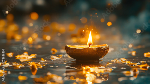 Golden Diya Floating on Water with Bokeh Lights, diwali, festival of lights, india, hindu, religion photo