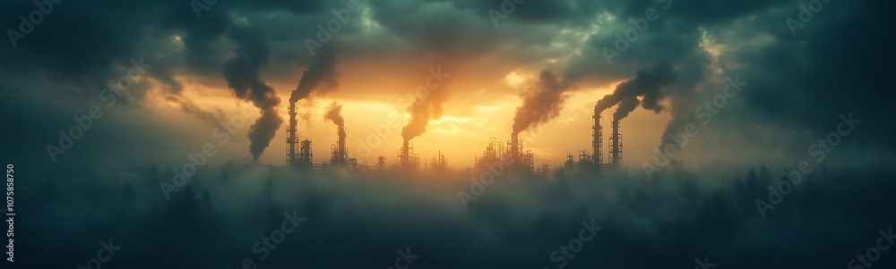 Fototapeta premium A moody landscape depicting industrial smokestacks against a darkened sky, emitting smoke with a dramatic sunset in the background.