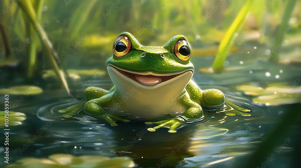 A cheerful frog sits in a pond surrounded by greenery, showcasing a vibrant natural scene. A cheerful frog sits in a pond surrounded by greenery, showcasing a vibrant natural scene.